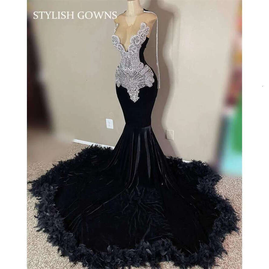 Sheer O Neck Long Prom Dress For Black Girls 2024 Beaded Crystal Birthday Party Dresses Feathers Mermaid Evening Gown Tassel 0627