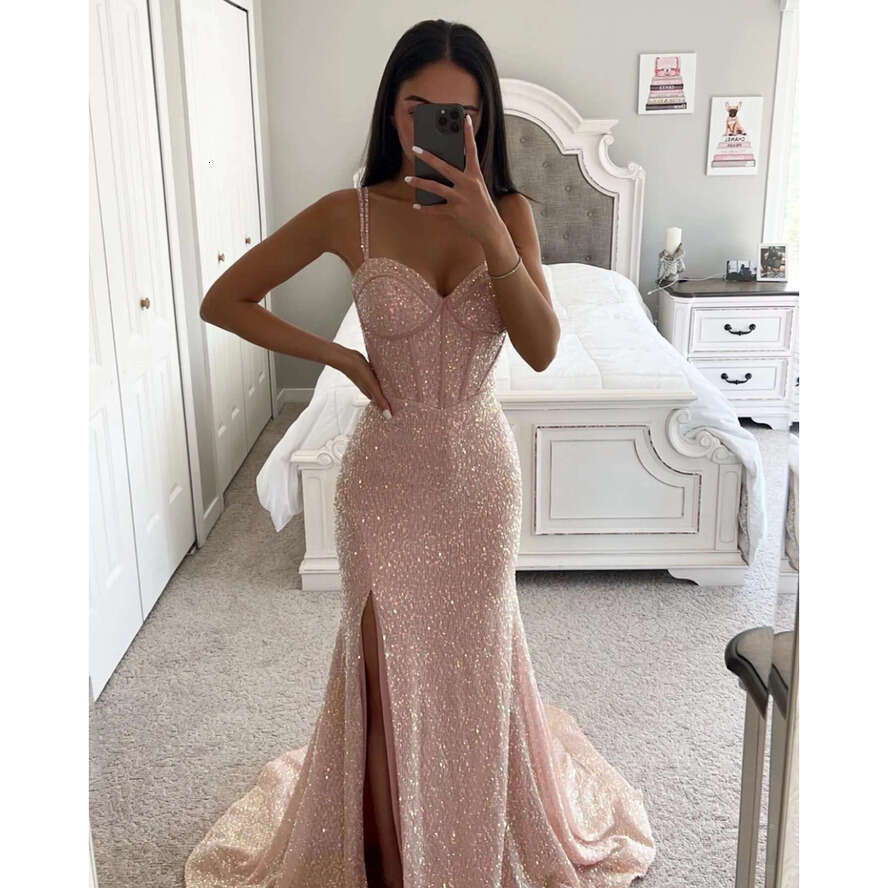 Pink Sequins Mermaid Prom Dress Spaghetti Bone Bodice Evening Dresses Elegant Backless Thigh Split Formal Gowns For Black Women Long Robe De Soiree
