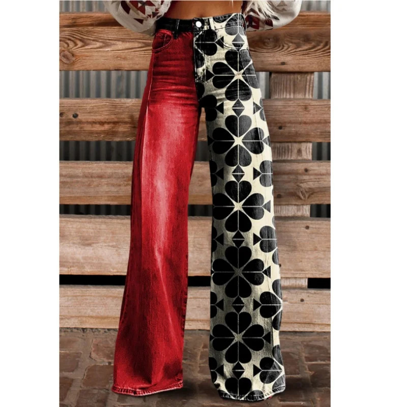 Womens Jeans Regular Print Pattern Casual Belt Pants Loose Retro And Casual Retro Pop Womens Long Jeans Lazy Feeling 250224