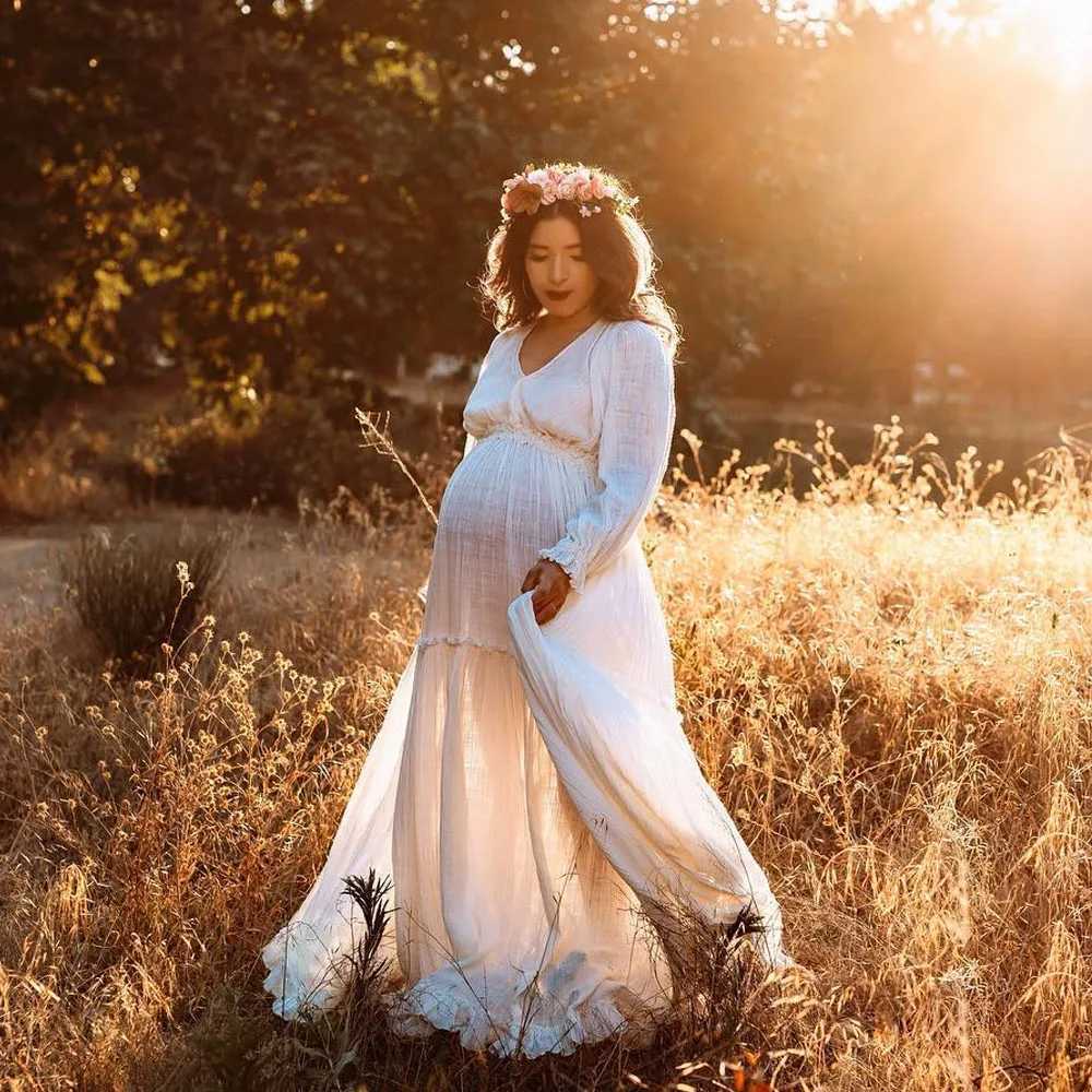 Womens comfortable linen cotton long sleeved V-neck maternity dress photo shoot dress X250224