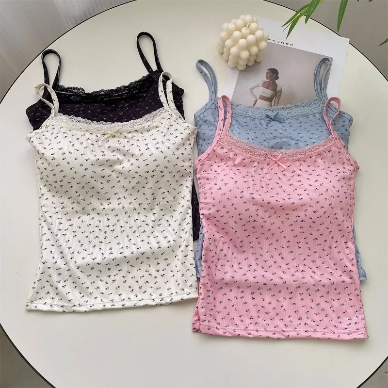 Summer Print Crop Tops for Women Bow Lace Camisole Sexy Backless Vest with Padded Basic Tank Top Bm Style Camis Y2k Streetwear 250224