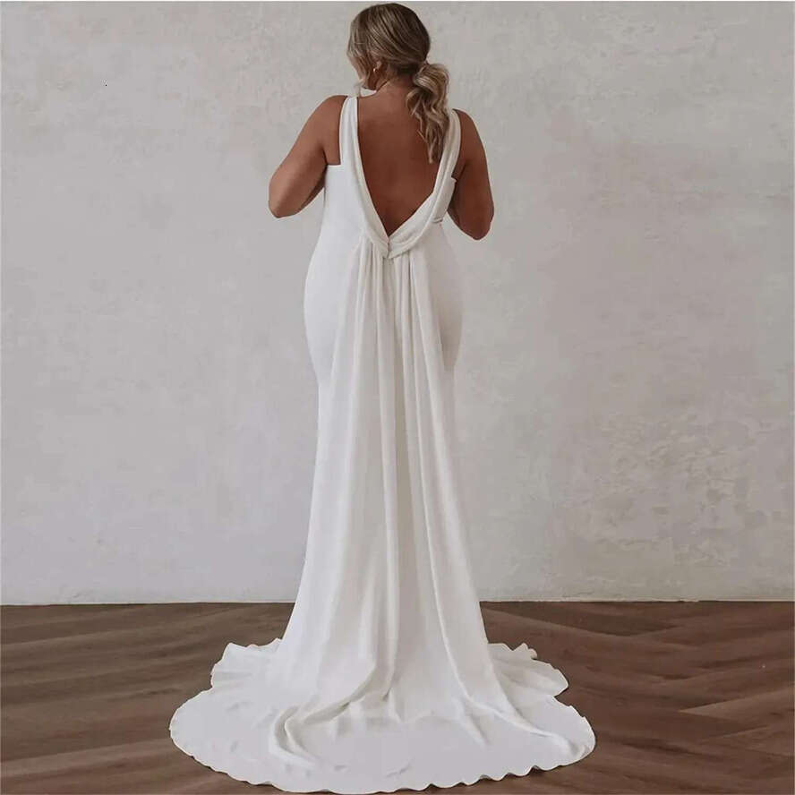 Detachable Train Mermaid Wedding Dress 2024 Deep V Neck Crepe Plain Sleeveless Open Back Simple Bridal Gowns Elegant Vestidos De Novia Customed