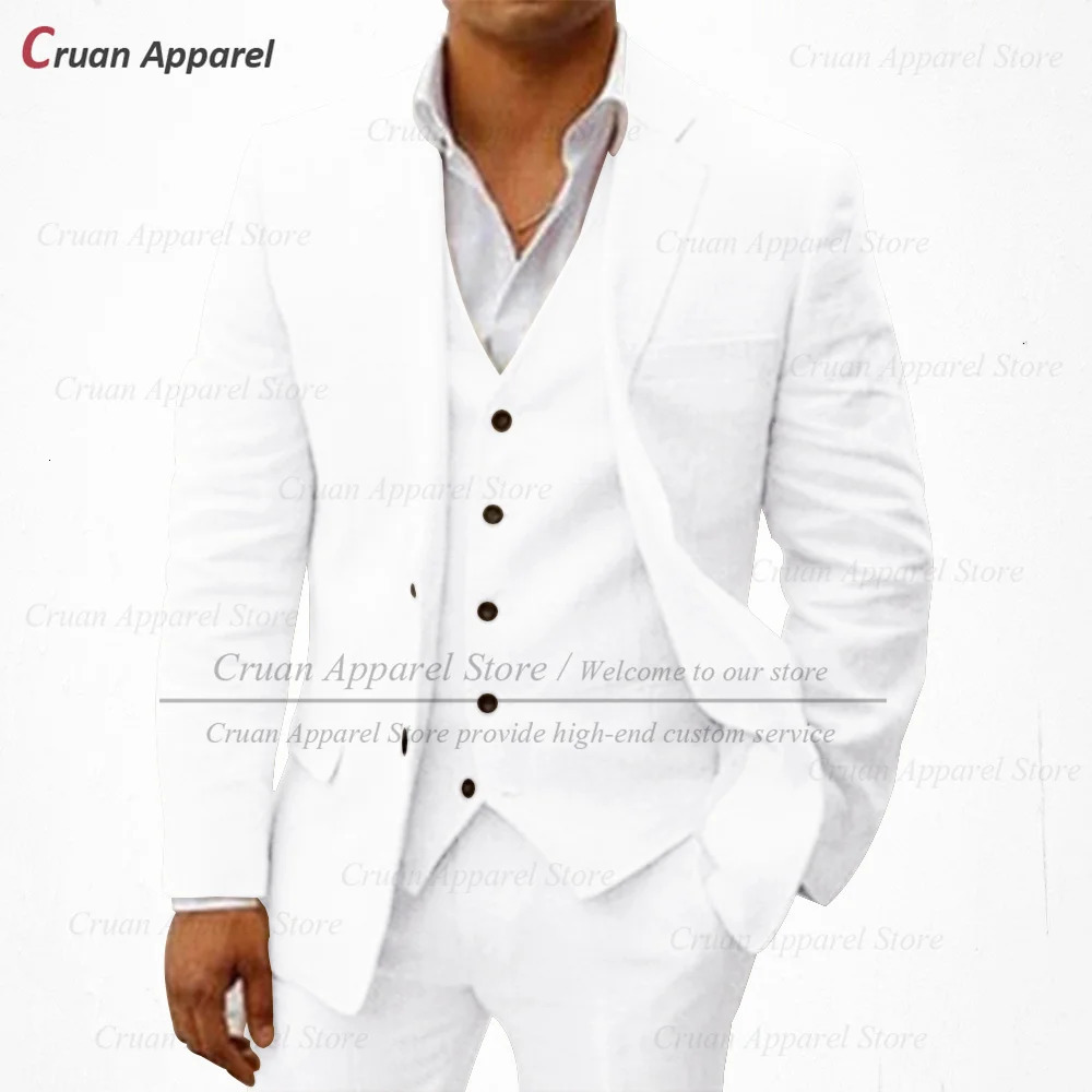 20 Colors Classic Beige Linen Suits Men Set Beach Wedding Groom Suit Summer Casual White Business Jacket Vest Pants 250222