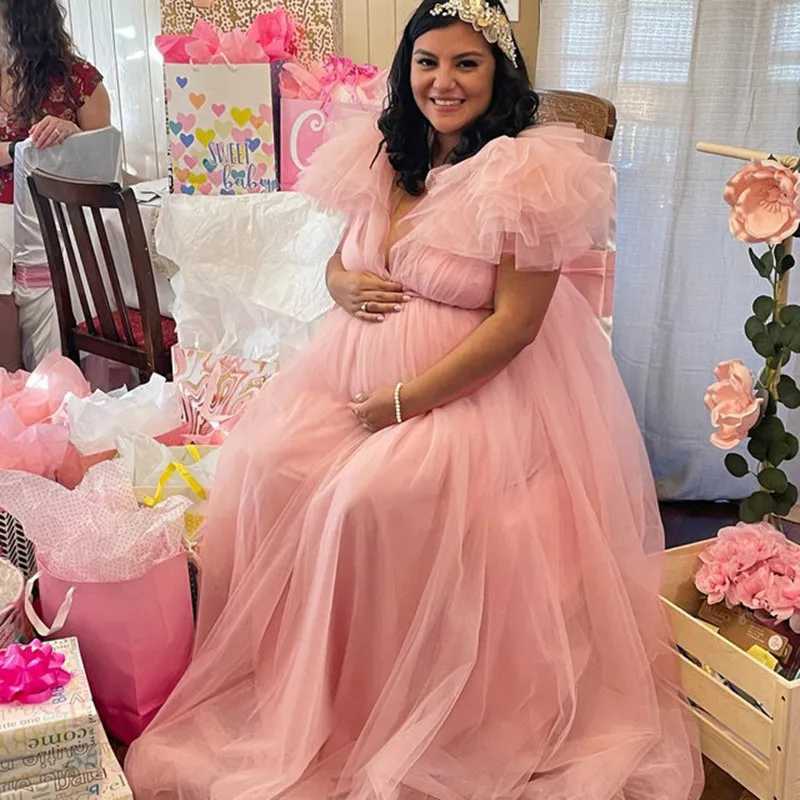 Pregnant Dress Maternity Gown V Neck Gauze Floating Shoulder Maxi Photography Dress Baby Shower Photoshoot Session X250224