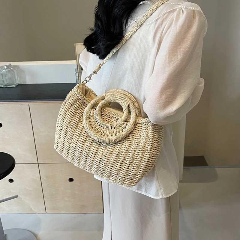 Ladies Round Handle Straw Tote Bags for Women 2024 Summer Hit Trendy Fashion Shoulder Side Bag Lady Beach Handbags