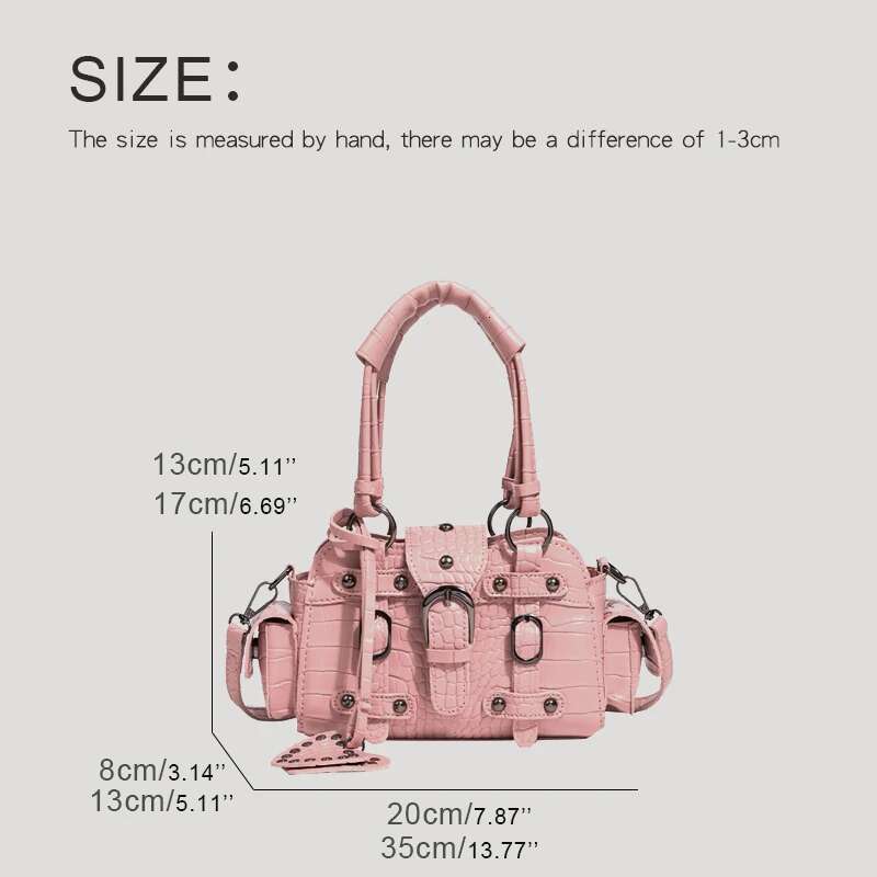 Moto & Biker Bag For Women Designer Handbag Purses 2024 New In PU Crocodile Pattern Rivet Belt Buckle Top Handle Shoulder
