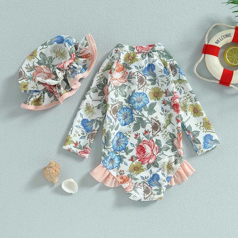 Toddler Girl Mermaid Print Swimsuit with Ruffles and Matching Swimming Cap for Summer Beach Fun X250224