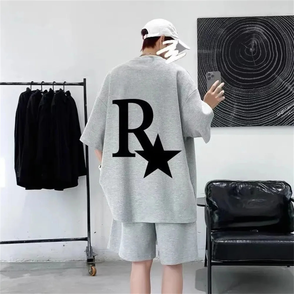 Oversized Japan Korean Fashion College Waffle Set Men Summer Casual Loose Short Sleeve T-shirt Shorts Sports Two Piece Set 250225