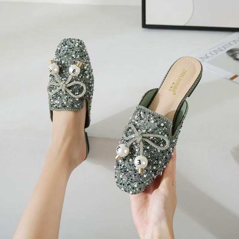 2025 Stylish rhinestone pearl slippers retro personality slip-on baotou single shoes comfortable light beautiful casual