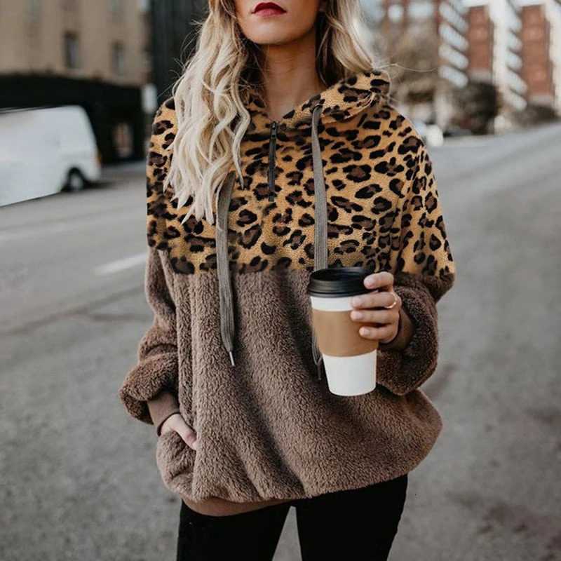 Casual Loose Plush Leopard Patchwork Hoodies Women Zipper Tops Long Sleeve Drawstring Hooded Warm Autumn Sweatshirt With Pockets 250225