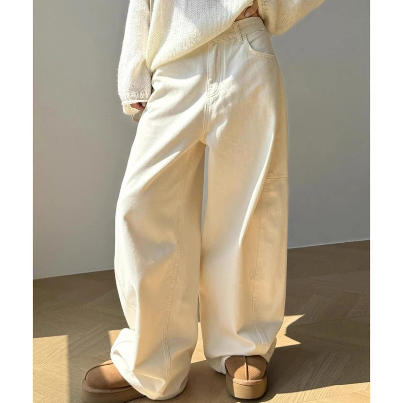 Fashion Simple Plain White Baggy Jeans Women y2K All Match Solid Pockets Wide Leg Straight Lady Denim Pants Casual Loose Trouser 250222