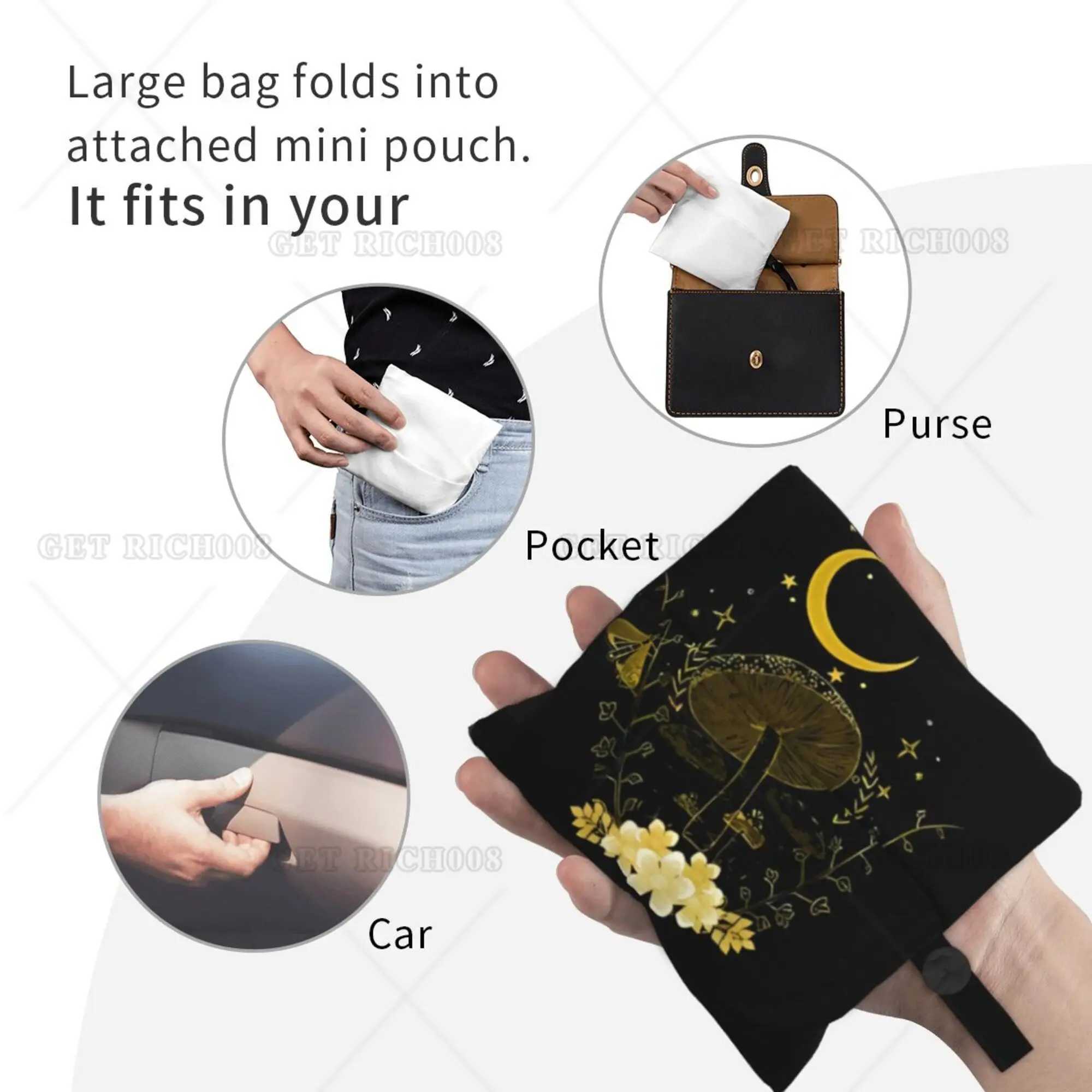 Mushroom and Moon Gothic Shopper Bag Portable Tote Bag Recyclable Grocery Bags Women Hand Bag for Shopping Outdoor Foldable Z250224