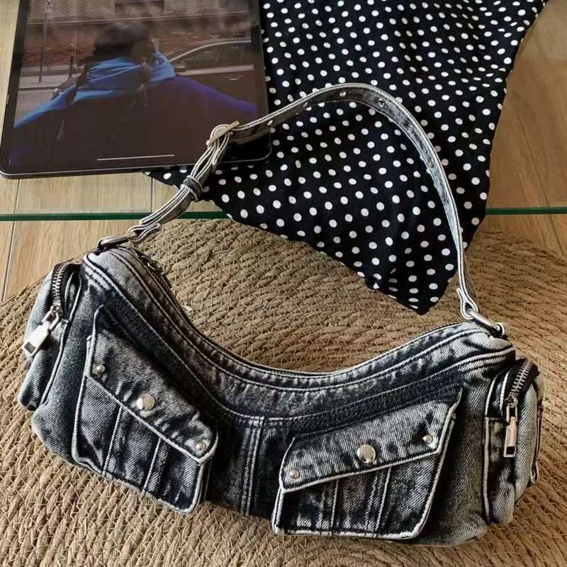 Vintage Denim Bags For Women Designer Handbag Purses 2025 New In Washing Process Multiple Pockets Rivet Underarm Shoulder