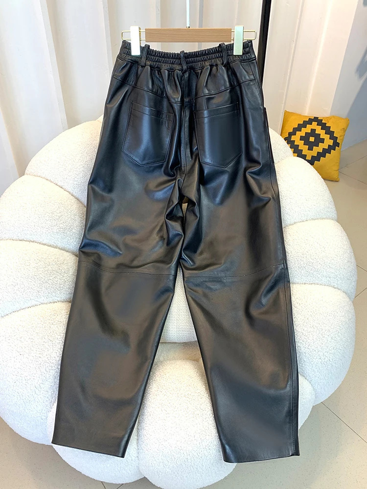 Autumn Winter 2 Pieces Genuine Leather Pants for Women Fashion Loose Casual Sheepskin Ankle Length Harem Pants Y4598 250224