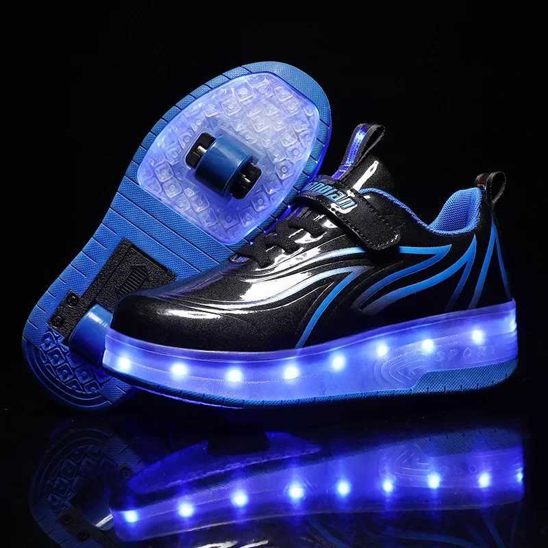 YUNICUS Led Light Boys Girls Shoe USB Charging Black Two Wheels Luminous Sneakers Roller Skate Shoes for Children Kids Led Shoes W250225