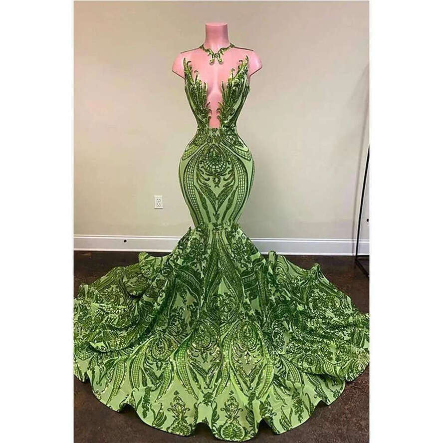 Olive New Green Mermaid Evening Dresses For Women Ruffles Hem Illusion O Neck Lace Sequined Prom Gowns Vestidos Formal Ocn