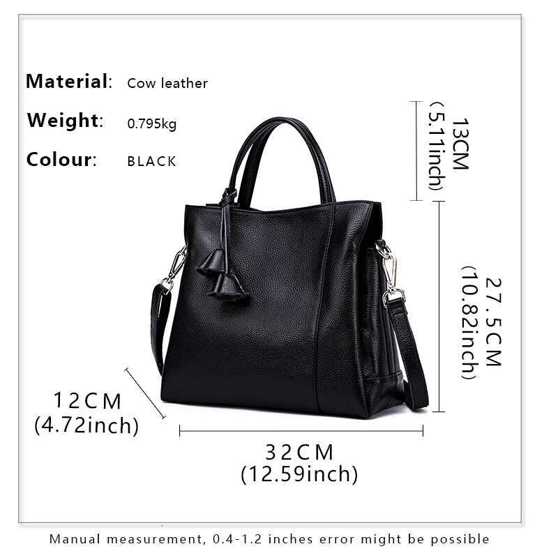Cowhide women's handbag casual versatile black daily commuting single shoulder crossbody tote bag