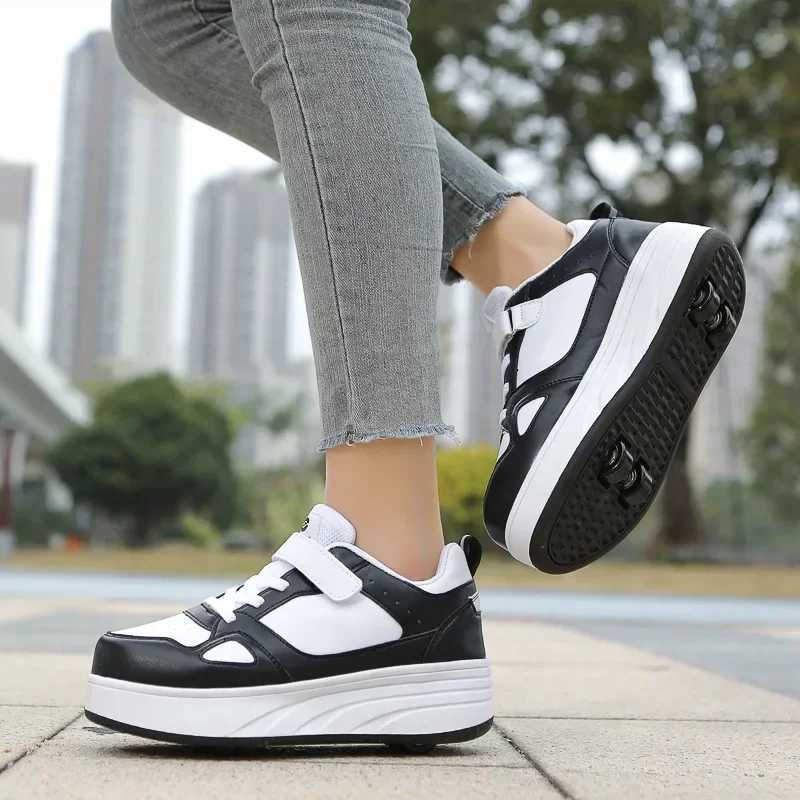 New Four Wheel Womens and Girls PU Leather Childrens Roller Shoes Fashion Boys Sports Shoes Breathable Childrens Skateboarding Size 30-40 W250225