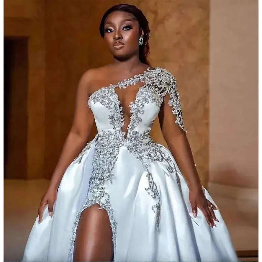 One Shoulder Satin A E Wedding Dresses With Sweep Train Beading Lace Side High Slit Sexy Vestidos De Novia African Long Sleeve Bridal Gowns For Bride