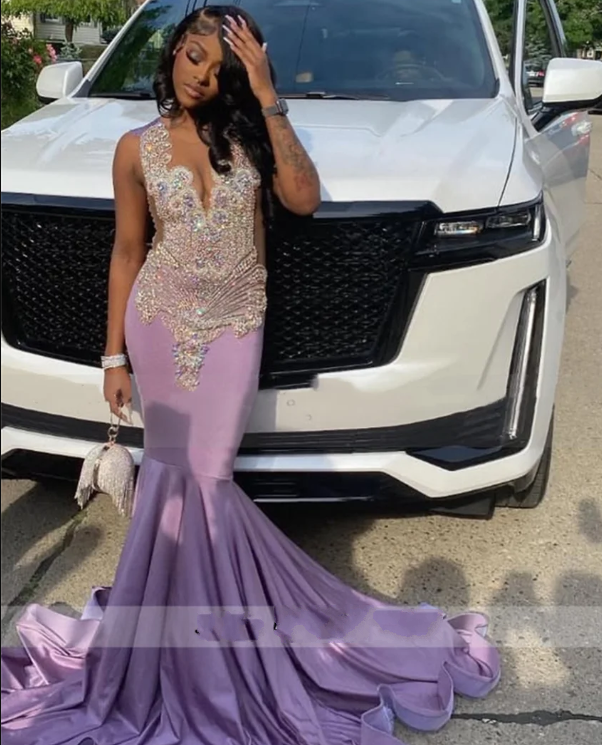 Elegant Lilac Purple Prom Dress 2025 African Black Girl Beads Crystals Birthday Party Evening Gowns Met Gala Robes de Bal Custom Made
