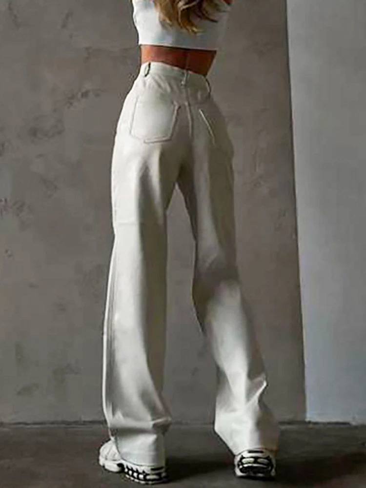 Cryptographic Fashion White PU Leather High Rise Pants Streetwear Casual Button Up Straight Leg Pants for Women Trousers Pants 250224