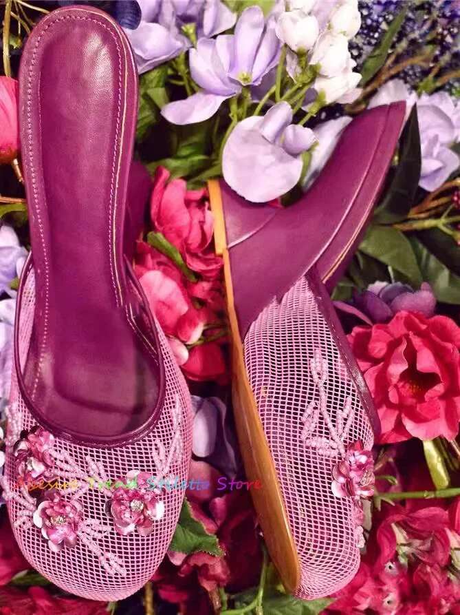 2025 Newest Women's Beaded wer Water Dia Mesh Hollow Slope High Slipper ral Embellished Strange Heel Mules