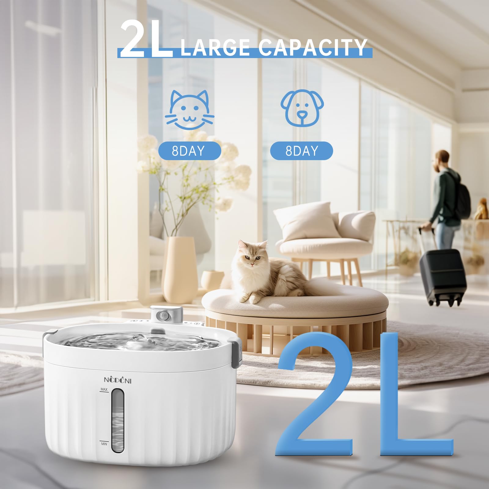 NCDCNI Cat Water Dispenser 2L/67oz with Smart Pump and Led Light,