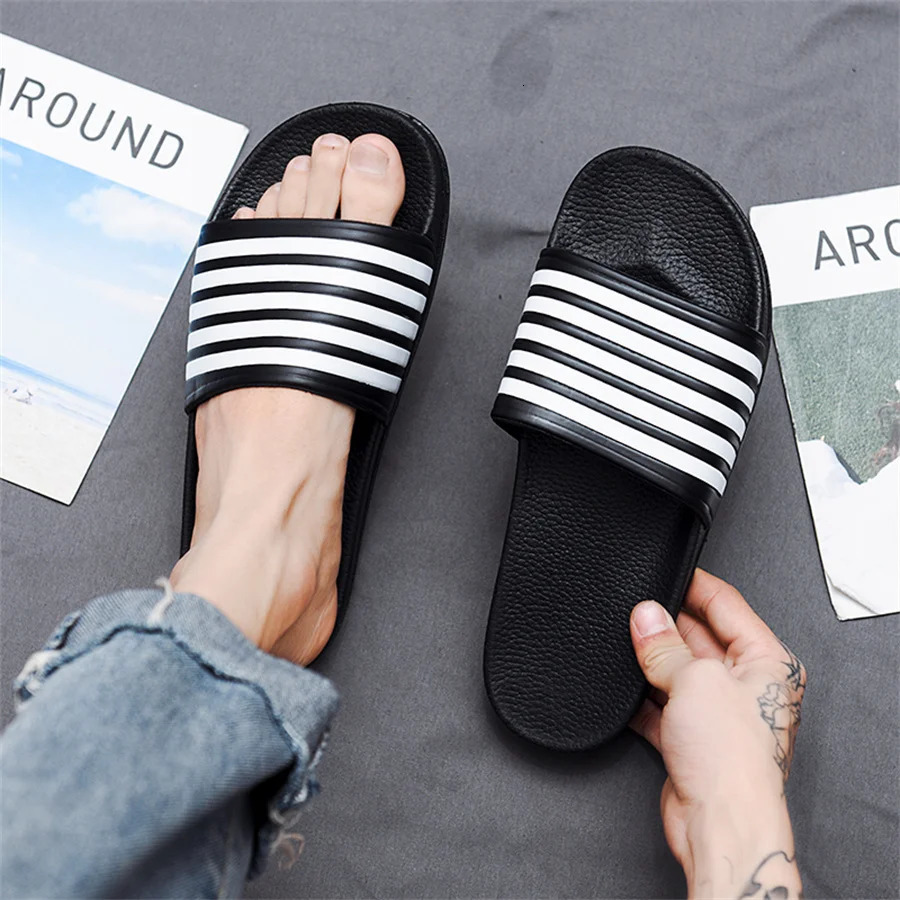 mens slippers Black and white striped slippers Soft EVA flip flops for man house slipper for men size 48 summer Beach slippers250225bj