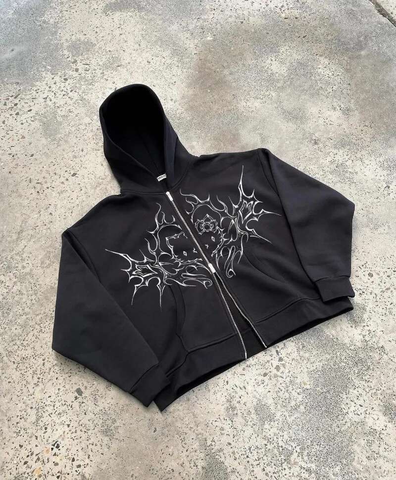 Retro black men zipper hoodie 2025 new printed design jacket Hip Hop Haruku street style couple casual oversized sweatshirt