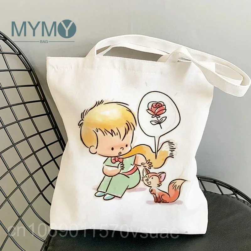 Little Prince Pattern Women Shoulder Bag Canvas Tote Bags Korea Style Reusable Shopping Bag Ladies Daily Versatile White Handbag Z250224