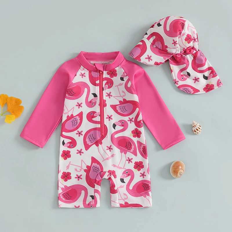 Baby swimsuit print ruffled sleeves zipper back Rush protective swimsuit Sunhat set X250224