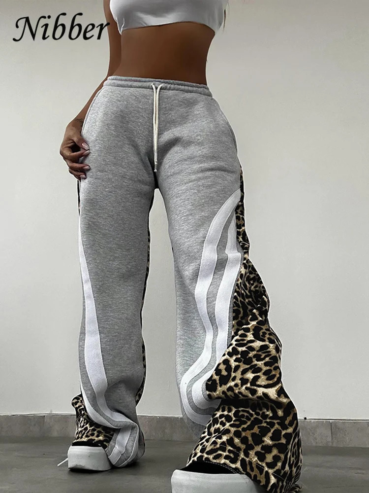 Nibber Side Stripe Women Flare Pants Autumn Hipster Leopard Patchwork Pocket Casual Wild Basic Street Sports Sweatpants Trousers 250225