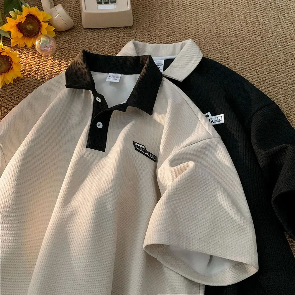 Trendy Loose-fit Polo Shirt For Men Summer Short Sleeves Vintage American Style Couple T-shirt Fashionable Casual Wear 250220