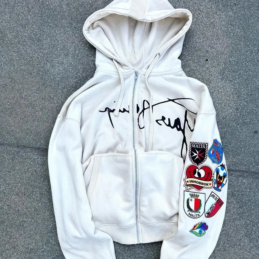 Y2K Gothic Zipper Hoodie Retro Multi Color Pattern Design Hoodis Mens Womens Street Harajuku Hip Hop Loose Sweatshirt 250224