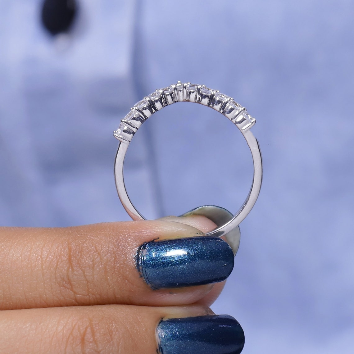 Jewelry 18K White Gold Vintage Style V Shape Lab Grown Diamond Round Cut 0.50ct Wedding Ring 14K Gold Ring Half Set Ring Band