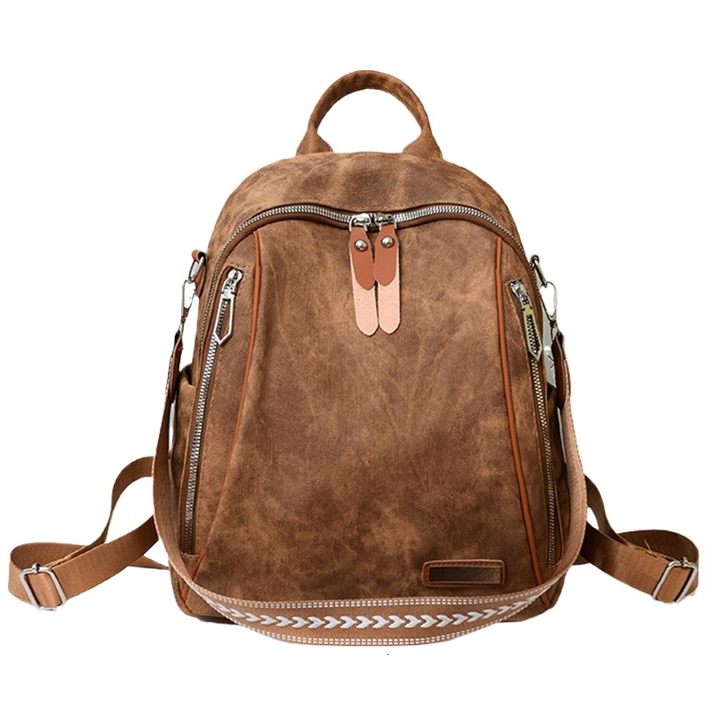 Retro Soft Leather Ladies Vintage Rivet Design Large Capacity Student Multi-Pocket Solid Color Casual Backpack