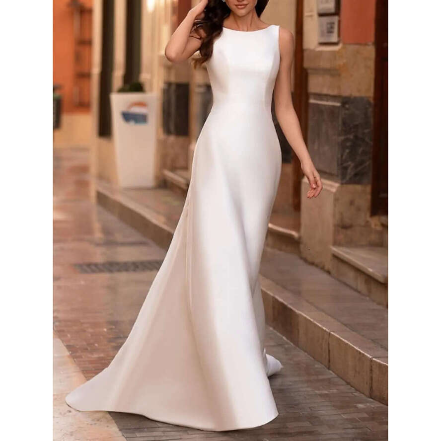 E A Women Wedding Dress Jewel Backless Sweep Brush Train Satin Sleeveless Country Bridal Gowns