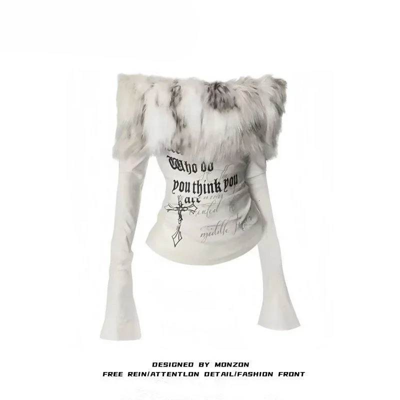 Y2k Emo Women Korean Streetwear Japanese Fur Collar Tops Off Shoulder Long Sleeve Aesthetics Letter T-shirt 2000s Alt Clothes 250225