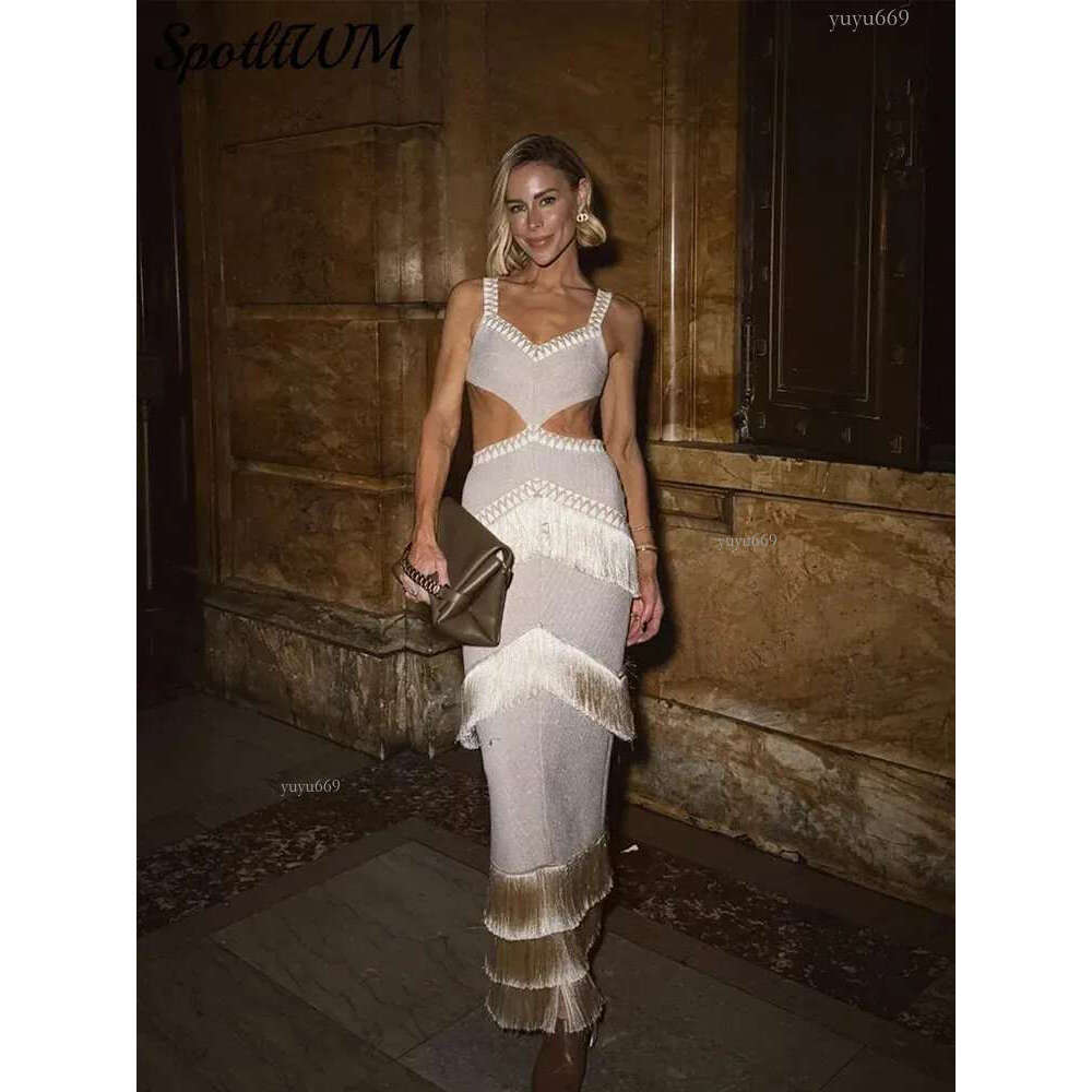 Tassel Splicing Sleeveless Long Dress For Women Sexy Cut Out Quilted Female Sling Vestidos Elegant Backless Beach Vacation Robes 240327
