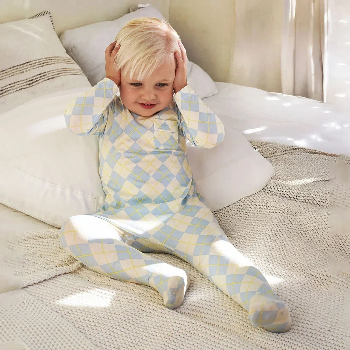 AP spring summer argyle plaid soft dress set footie pjs family matching clothing 250221