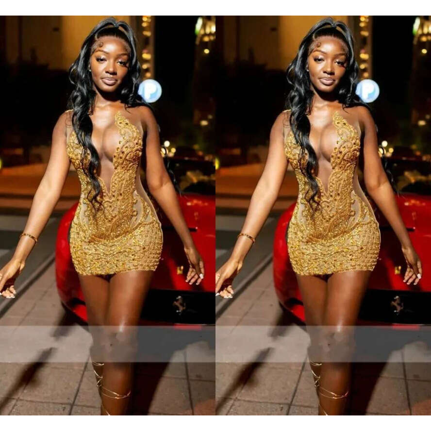Sexy Golden Rhie Prom Dress 2025 For Black Girls See Thru Birthday Party Gowns Evening Formal Dresses Robe De Soriee Gala Customed