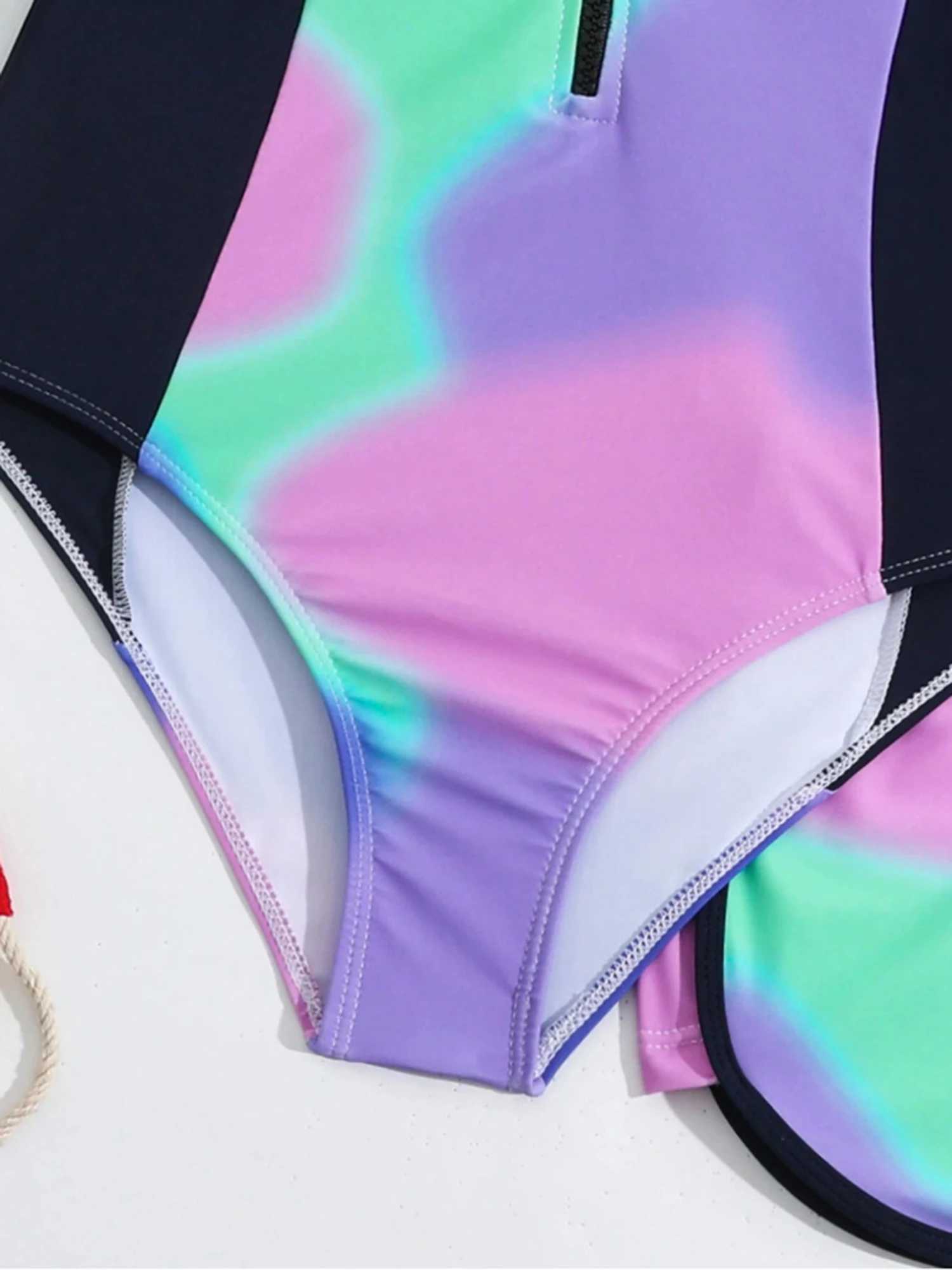 Kids Girls Two Pieces Rash Guard Swimsuit Swimwear Zip Front Long Sleeve Swim Jumpsuit with Shorts Set Summer Beach Bathing Suit X250224