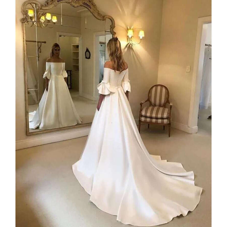Simple Vintage A E Wedding Dresses Cheap Off Shoulder Satin Half Sleeves Plus Size Long Button Back Formal Bridal Gowns With Pocket