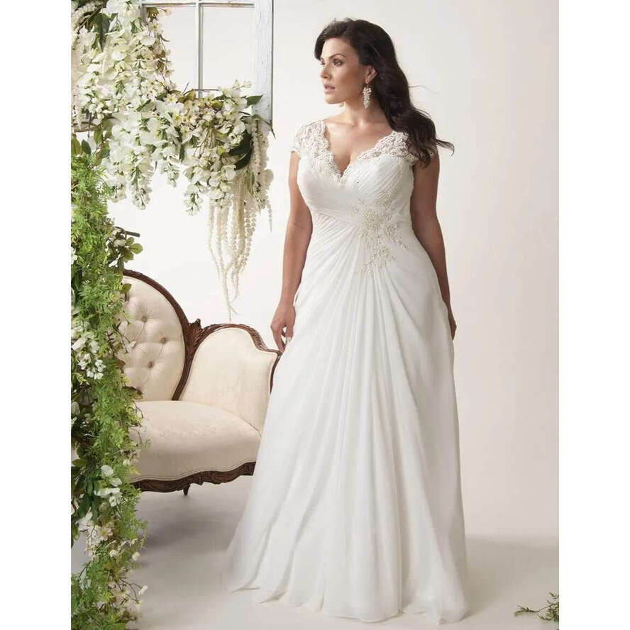 V-Neck Cap Sleeves Plus Size Wedding Dresses Chiffon Appliqued Lace Open Back Drape Side Ruched Bodice Bridal Gown 28W