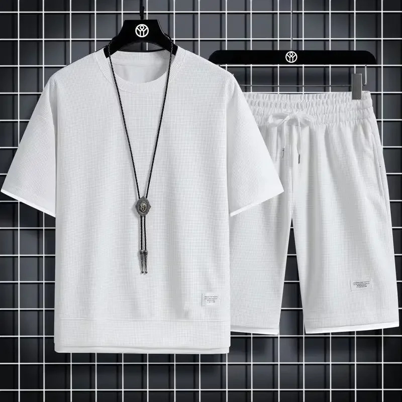 Casual Sportswear Loose-Fit Mens Summer Outfits Korean Trendy Short Sleeve T-shirts 2-Piece Sets 250318