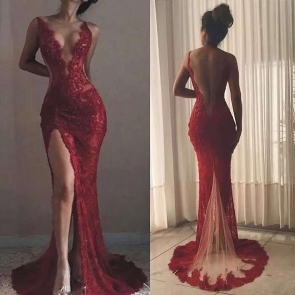 Fashion Appliques Burgundy Long Mermaid Open Back Evening Dresses Sexy Side Split Stylish Party Dress For Woman prom