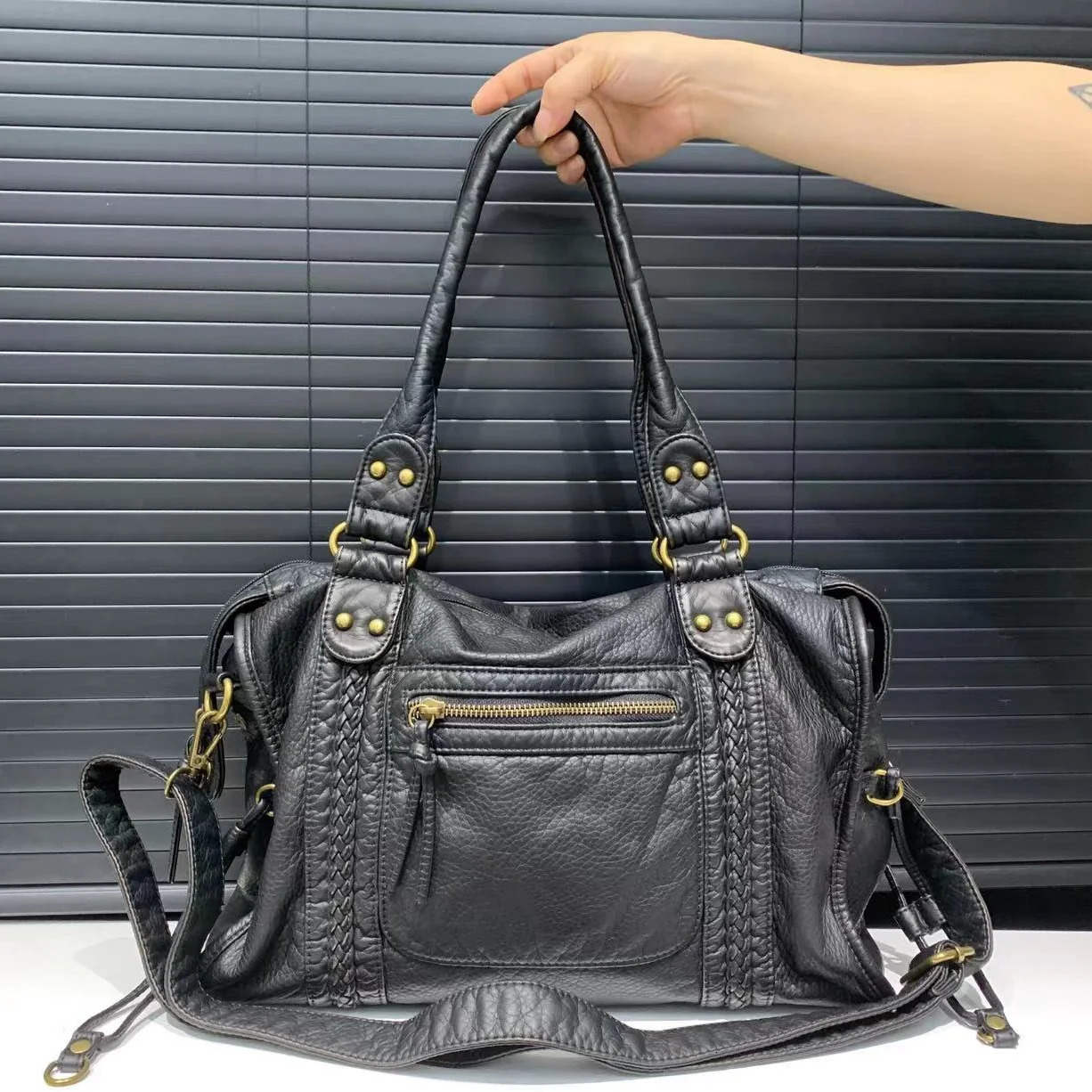 Womens Fashion Retro Washed Soft Leather Tote Bag Large Capacity Y2K Punk Multi-Pocket Shoulder Messenger Bag 250224