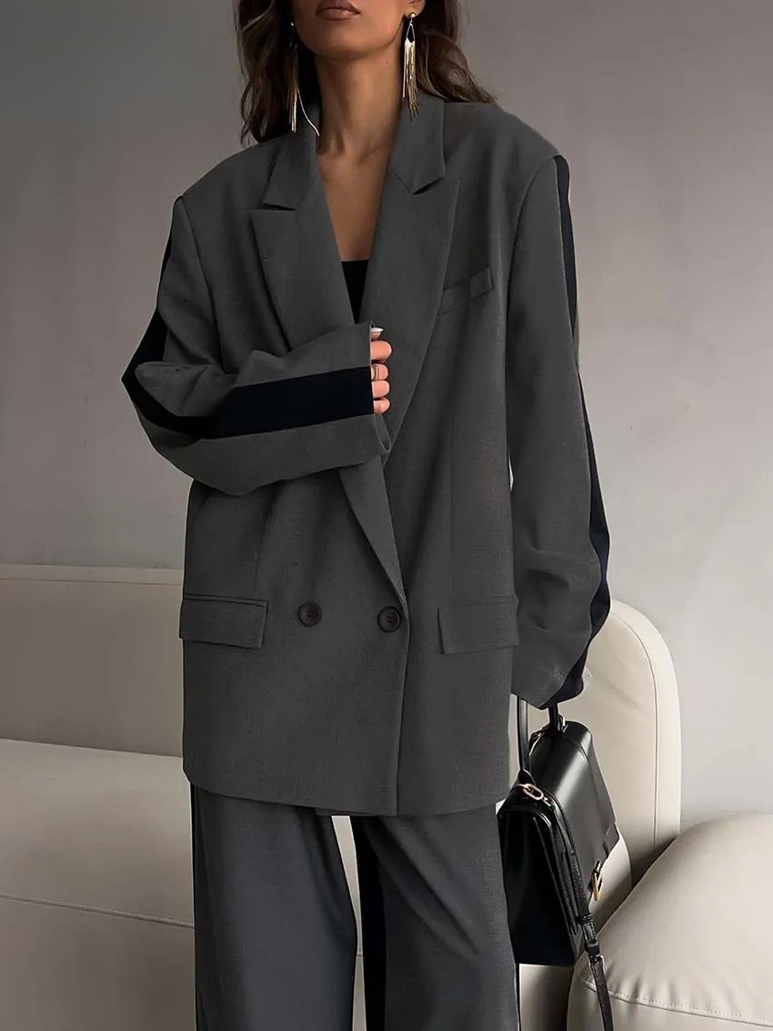 Elegant Grey Patchwork 2 Piece Women designer clothing Outfit Fashion Long Sleeve Button Blazers And Straight Simple Trousers Sets
