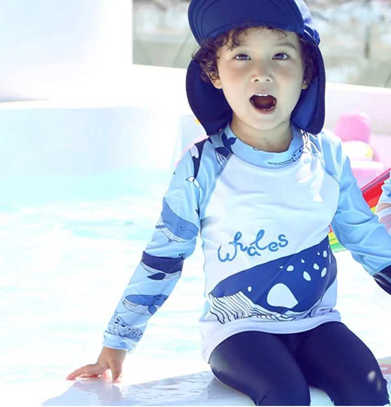 Boy Two Pieces Suit Swimsuit 2-9 Year Children Long Sleeve Whale Print Swimwear 2023 Kid Cartoon Beachwear Bathing Suit X250224
