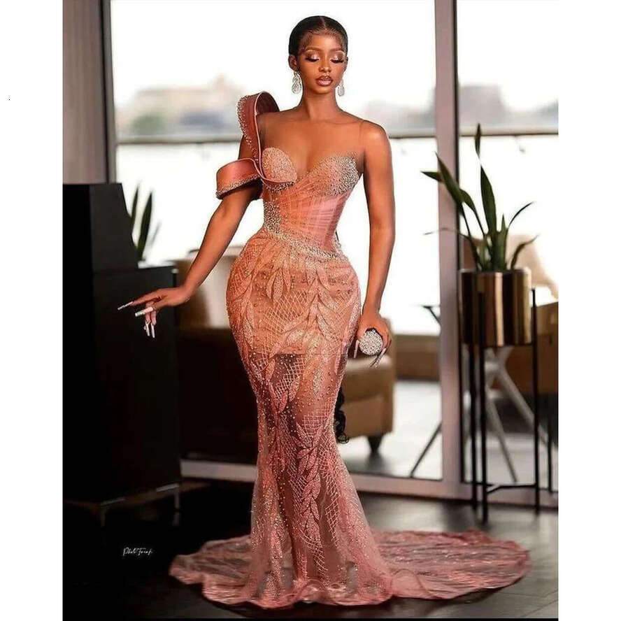 Elegant African Mermaid Evening Dresses For Women One Shoulder Beaded Lace Long Black Girl Prom Party Gowns With Corset
